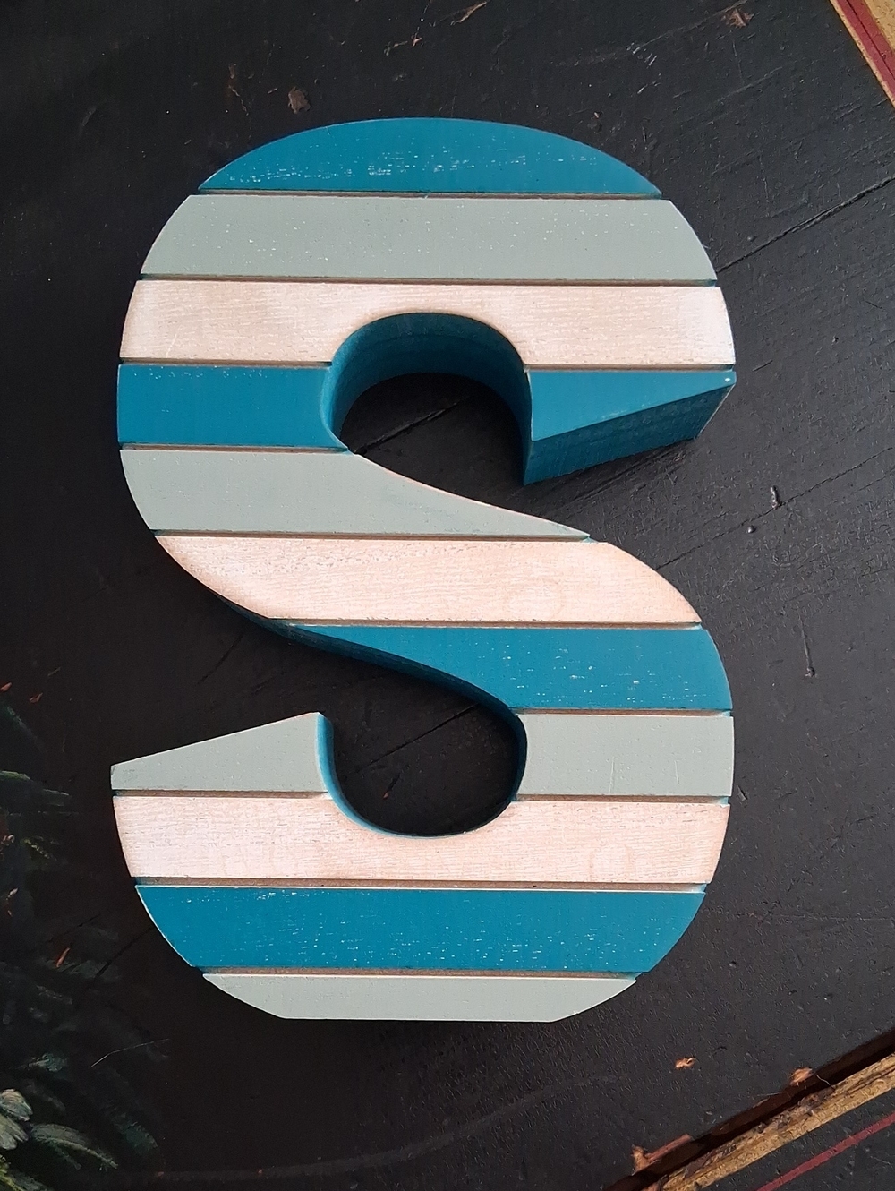Decorative Striped Letter S - Table Top Decor in Teal & White